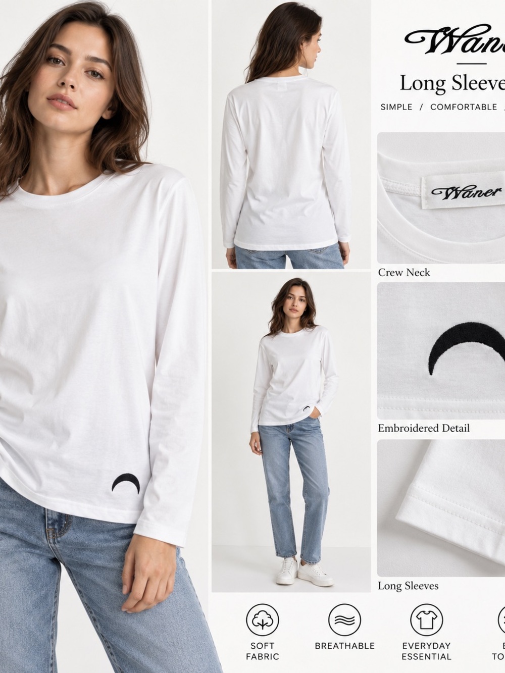 NWT Waner White Long Sleeve Tee Black Embroidered Detail